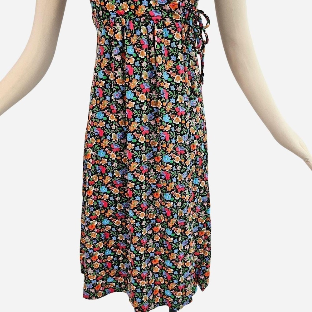Vintage Rainbow Floral Wrap Dress w/ Tie Waist Fluttery Sleeve Black Gown V-neck - Picture 3 of 8